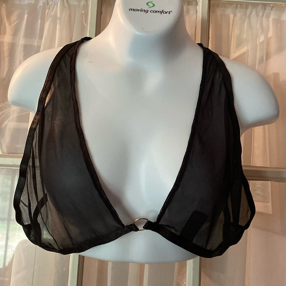 Exposed Black solid Halter Mesh Sheer Bralette Bra Cup 1X-3X like new